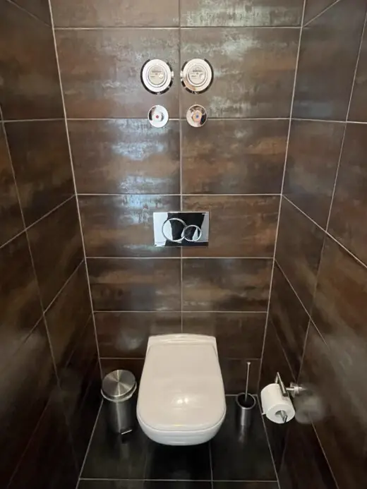 Toilette mit wandhängendem WC und dunklen Fliesen