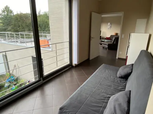 Durchgangszimmer mit Schlafcouch vor der Glastür zur Dachterrasse