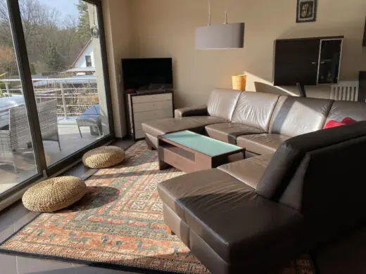 Wohnzimmer mit Ledersofa, Couchtisch und Teppich, links die Fensterfront