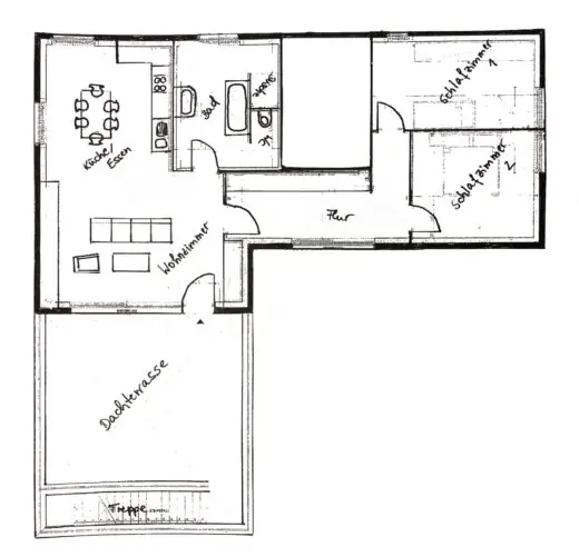 Grundriss der Ferienwohnung mit Wohnraum, Küche, Schlafzimmern, Bad und Sommerterrasse